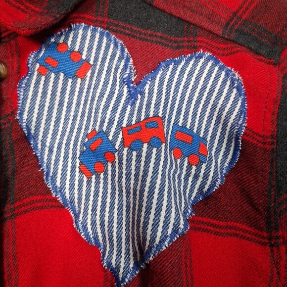 Reworked Flannel Shirt Women Small Red Black Plaid Train Fabric Patches - Picture 11 of 13